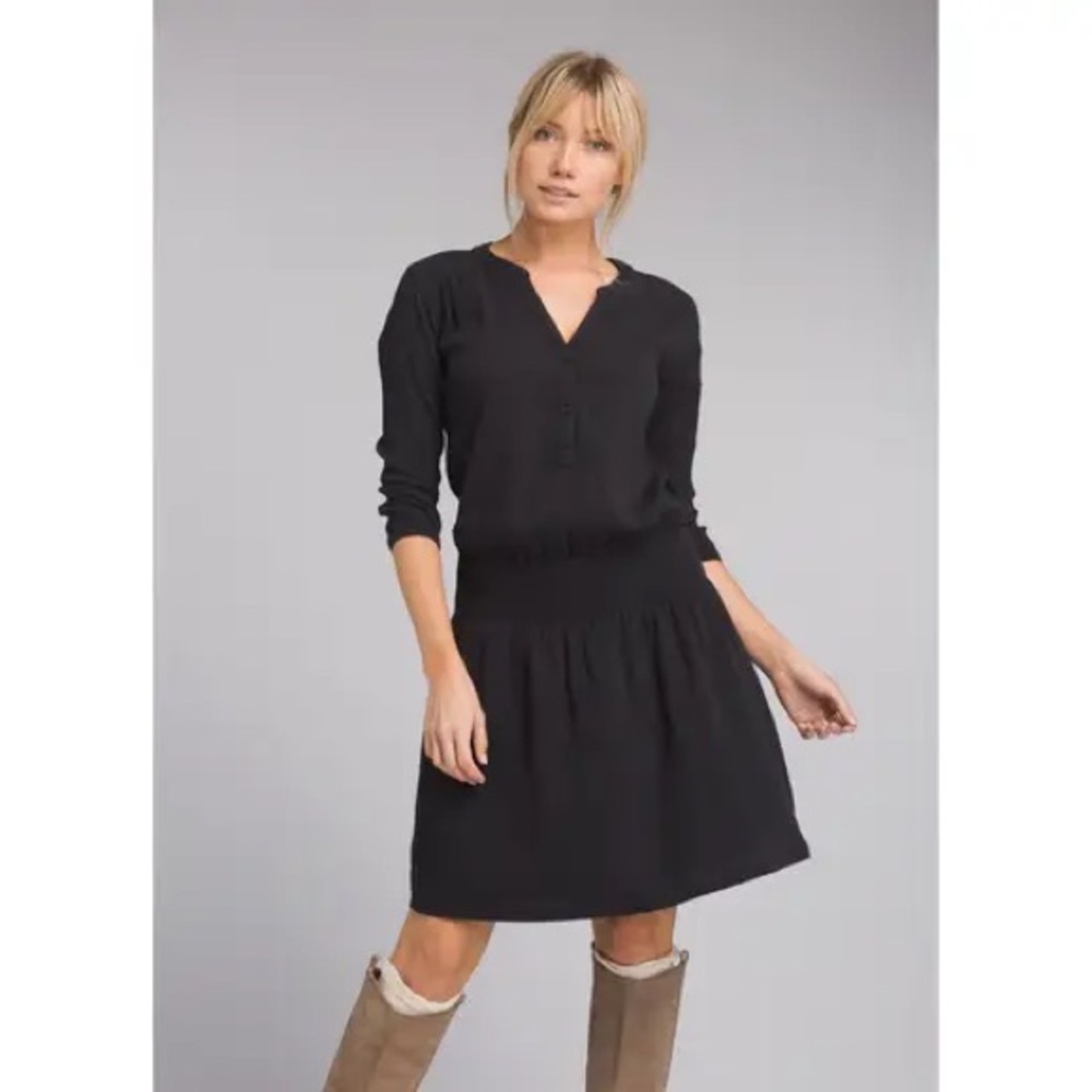 Prana Sugar Pine Shirt Dress MEDIUM Black Smocked Drop Waist Organic Cotton
